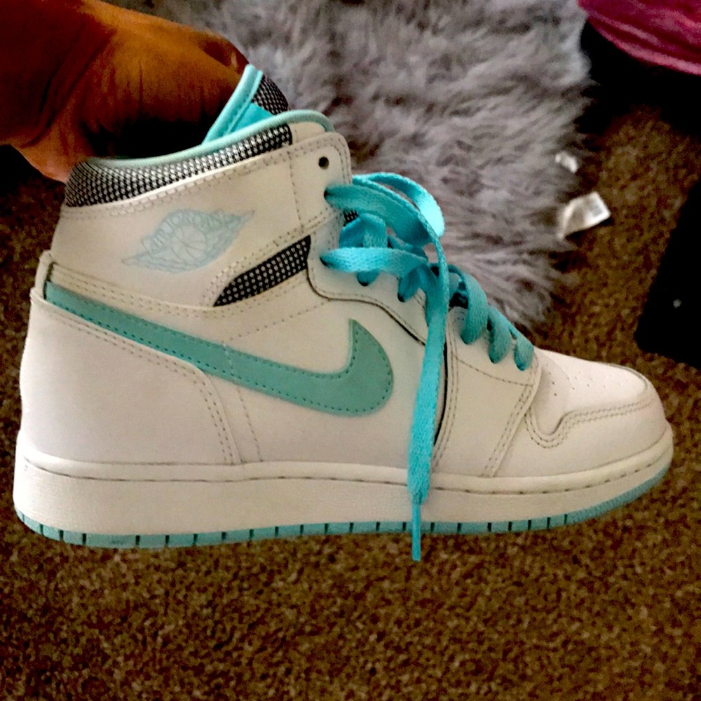 Aqua blue and white Jordan 1s